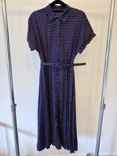 美品　ネイビー 水玉 半袖 ロングシャツワンピースのサムネイル