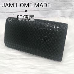 【美品】JAM  MADE 印傳屋　チェック柄　かぶせ　長財布　ブラック 美品】JAM HOME MADE 印傳屋 チェック柄 かぶせ 長財布 ブラック