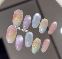ハンドメイド 海星デザインネイルチップ ガラスビーズ×カラフルキャッツアイのサムネイル