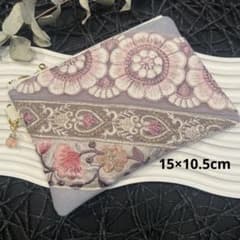 インド刺繍リボン フラットポーチ 小物入れ マルチポーチ ハンドメイドのサムネイル
