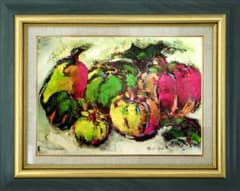 油絵菅家令子絵画インテリア額付(青緑＋金色の枠)uF6-061404静物