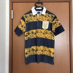 雅結】花柄ストライプ ポロシャツ ネイビー/イエローLサイズ - メルカリ