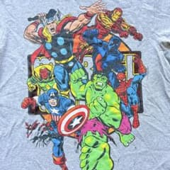 Marvel T-shirt, size M, gray, featuring American comics, Hulk, Spider-Man, Thor, and more.