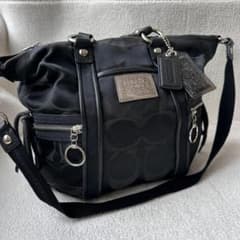 コーチ ポピー シグネチャー 2WAY ショルダーバッグ 黒 シルバー 通勤 コーチ ポピー シグネチャー 2WAY ショルダーバッグ 黒 シルバー 通勤