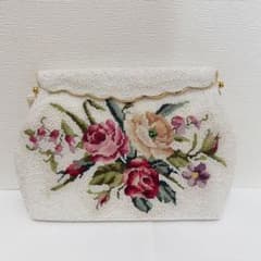 ヴィンテージ 総ビーズバッグ 花柄刺繍 薔薇 アイボリー ゴールド 昭和