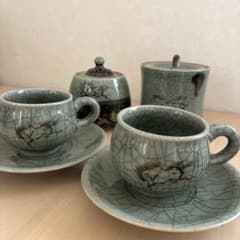 【茶器セット】大堀相馬焼　福島伝統工芸品　カップ&ソーサー、香炉、シュガーポットのサムネイル