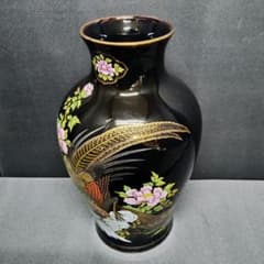 金彩 黒磁 花瓶 花器 雉(キジ) 牡丹 和風 インテリア 華道 フラワー