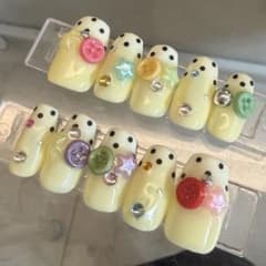 ☑︎ガラスのビー玉　ネイルチップ　韓国　オーダー　ニュアンスネイル　個性派 現品)ニュアンスネイルチップ ドット柄 ボタン 星 きらきら 韓国 黄色