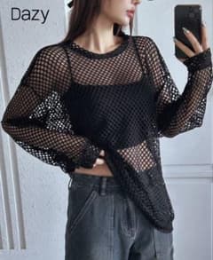 Dazy メッシュロングTシャツ黒 あみあみTシャツ お姉さん系 かっこいいのサムネイル