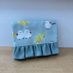 フリル移動ポケット☆ミモザシマエナガ☆ブルー☆ハンドメイド☆女の子
