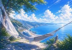 【イラスト】海辺のハンモックと夏の風景 アートポスターのサムネイル