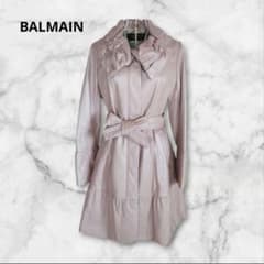 BALMAIN 羊革 ロングコート リボンベルト 希少カラー ピンク 本革