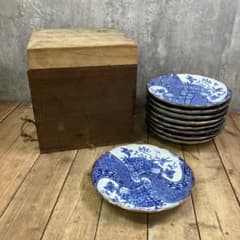 D-5 昭和レトロ 染付 鳳凰文 中皿 9枚セット 木箱入り 和食器 古道具