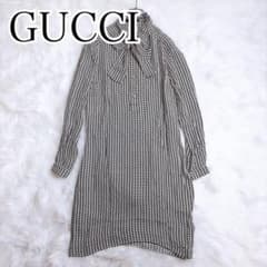 GUCCI シルクワンピース ボウタイ 千鳥格子 リボン付き ベルト付