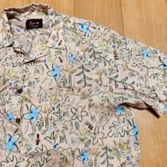PAPASプラス パパス植物柄 アロハシャツ ブルー 総柄 半袖 リネン L