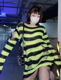 ボーダー ダメージニット 長袖 グリーン×ブラックのサムネイル