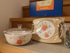 クックマスター　 超耐熱ガラス食器7枚セット 木製トレイ4枚付き クックマスター 超耐熱ガラス食器 花柄 鍋セット - メルカリ