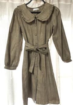 フリル付きブラウンチェックワンピース Lサイズ グレンチェック