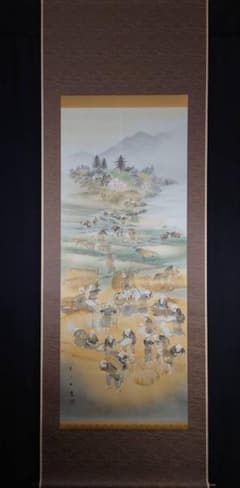 9-1　掛軸　田中六一　農耕　山水図 共箱のサムネイル