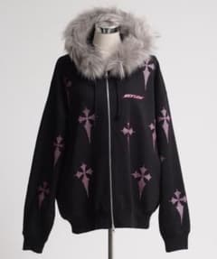 レフレム ファー付き クロス総柄 ラインストーンZIPパーカー ピンク