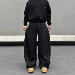 ワイドパンツ バギーデニム 黒 Y2K 韓国 ストリート ダボ系 バレルレッグのサムネイル
