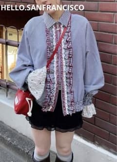 新品】ハローサンフランシスコ リボン付きチェックブルゾン ネイビー