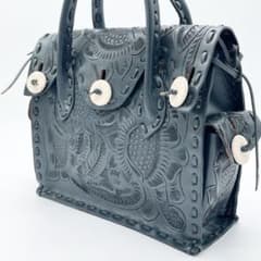 美品】 カービングトライブス トートバッグ レザー 総柄 緑灰