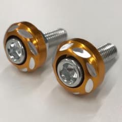 バイク、アルミ削り出しナンバーボルト&ナット（1台分2個）アルマイトゴールドのサムネイル