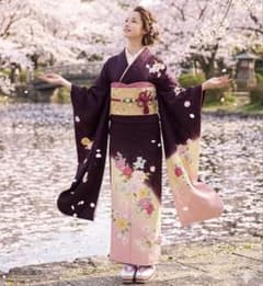 名品】正絹振袖フルセット深黒紫ぼかし 桜地紋 牡丹・京友禅調 裄丈