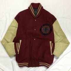 個性派古着】スタジャン 袖レザー 豪華ワッペン 本革 ベージュ×えんじ 