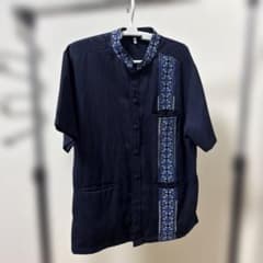 民族調刺繍 半袖シャツ ネイビー スタンドカラー