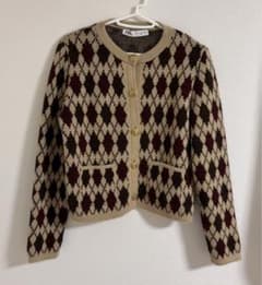ZARA アーガイル柄 ニットカーディガン ゴールデンブラウン（ベージュ）のサムネイル