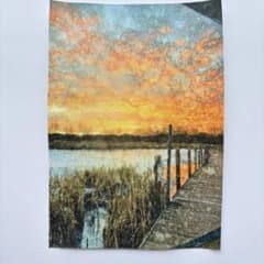水彩画風 アートポスター 夕焼け 水辺 橋 風景画 ノスタルジック エモいのサムネイル