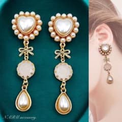 91】パールハートカボション チャーム ハンドメイド ピアス イヤリング