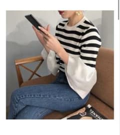 新品ストライプ フレアスリーブ ニット7分袖トップスのサムネイル