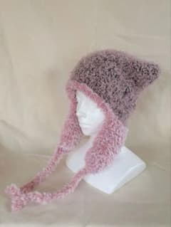 編み物　ハンドメイド　帽子　猫耳帽子　耳当て ピンク　冬　Y2K 手編みのサムネイル