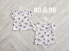 신품 80 & 90cm 디즈니 총 무늬 반소매 T 셔츠 형제 자매 갖추어져