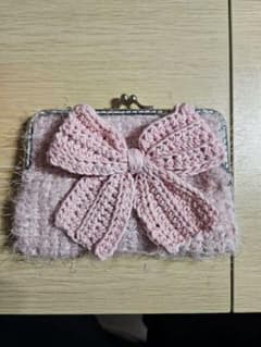 ハンドメイド がま口ポーチ ピンク リボン付きのサムネイル