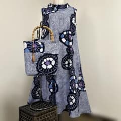 着物リメイク 有松鳴海絞りロールカラーフレアワンピ＊トートバッグ