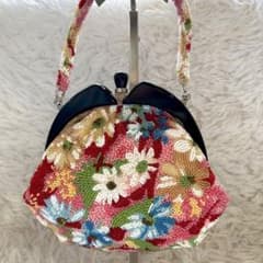 美品 総ビーズバッグ がま口 手刺繍 総柄 花柄 和装 昭和レトロ ハンドバッグ