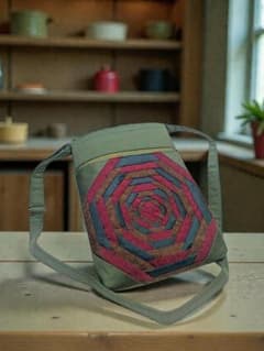 ハンドメイド　八角形デザインのグリーン布製ポシェットのサムネイル