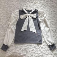 Chulatte ボウタイブラウス 長袖 グレー×ホワイトのサムネイル