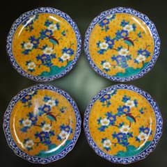 九谷焼 黄地花鳥図 皿 直径18.8cm 4枚セット 第壱陶器 花鳥 中皿