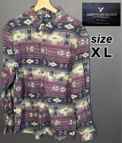 アメリカンイーグル ネイティブ柄 長袖ネルシャツ XL ネイビー 総柄 BDのサムネイル