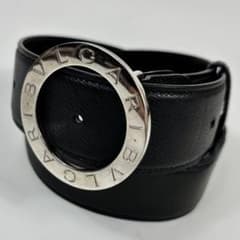 極美品】BVLGARI サークルロゴ シルバー ベルト レザー ブラック