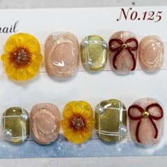 ネイルチップ 125 ひまわり マグネット チェック ニュアンス リボンネイルのサムネイル