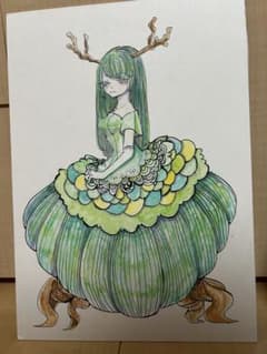 【一点物・原画】森を纏う少女｜手描きイラスト オリジナル 創作 鹿角のサムネイル