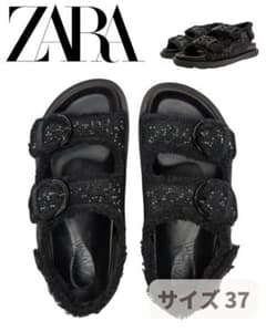 新品ZARAサンダル希少３７保存袋付☆黒スワロ風ビジューキラキラ☆ミュールのサムネイル