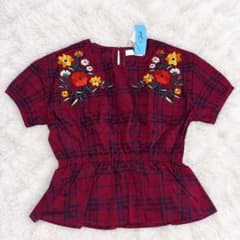 タグ付き Ofalo チェック柄 花柄 刺繍 半袖ブラウス えんじ レッド