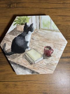 水彩画　ねこ　コーヒー　本のサムネイル